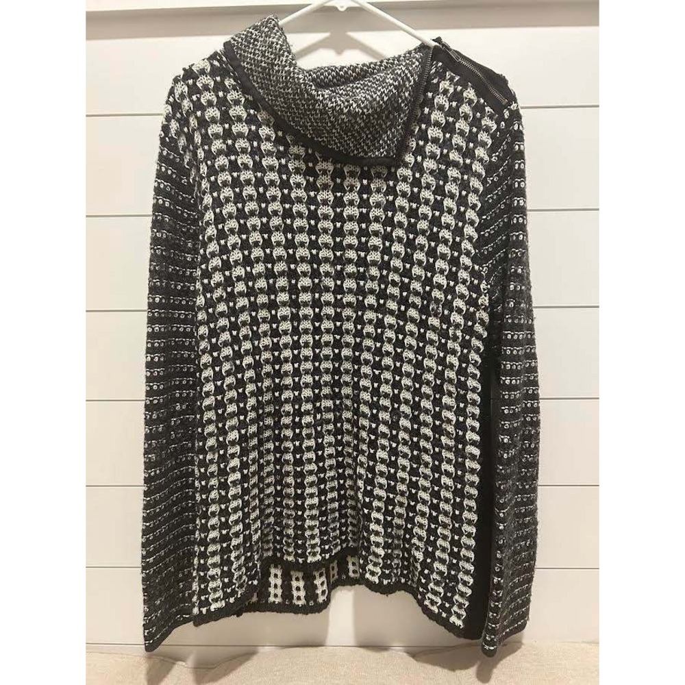 Womens Black White Asymmetrical Cowl Neck Zip Knit Sweater Wood Linen blend